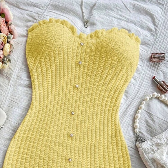 Yellow Ribbed Bustier Bodycon Dress/Swimsuit Coverup - Picture 2 of 6